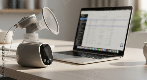 Modern electric breast pump on desk beside laptop in home office setting