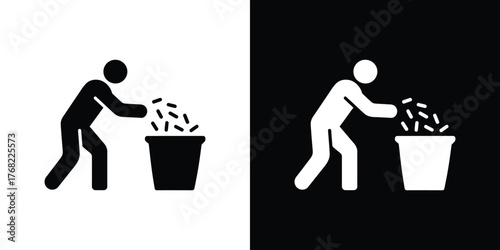 Stick Figure Throwing Garbage Into Bin Silhouette on Black and White Backgrounds