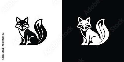 Symmetrical Fox Silhouette Sitting with Bushy Tail, in Black and White Versions