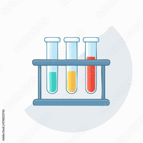 Three colorful chemical test tubes in a laboratory rack.