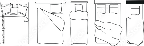 Collection of hand drawn line art illustrations of beds with rumpled blankets and pillows in a minimalist style