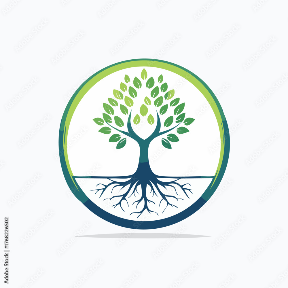 Obraz premium Vibrant Tree of Life Logo with Roots and Leaves in a Circular Frame.