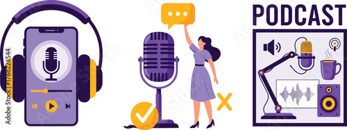 Creating Engaging Audio Content: Podcast Recording and Editing Setups for Modern Media Production, Featuring Microphones, Headphones, and Sound Waves for Entertainment, Business, and Education Using C