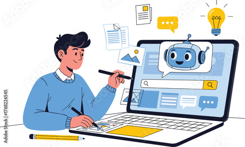 Creative Designer Crafting Digital Content with AI Assistant on Laptop, Generating Ideas and Solutions in Modern Workspace: Business Professional Creating Innovative Web Design,  Marketing, Education,