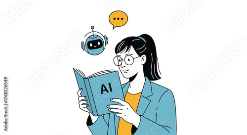 Young Woman Learning About Artificial Intelligence with Robot Assistant in Modern Office: Studying AI Tech, Future Technologies, Education, Modern Workplace, Innovation and Business, Presentation Visu