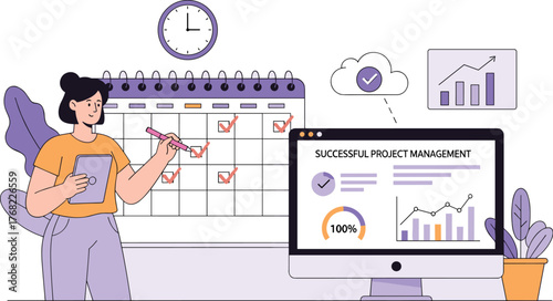 Woman Planning Successful Project Management with Calendar and Digital Tools at Modern Office: Organizing Tasks, Deadline Tracking, Time Management, Productivity in Business, Presentation,  Modern Ill