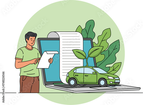 Man Reviews Eco-Friendly Vehicle Purchase Online Using Laptop in Modern Home Office, Analyzing Digital Contract for Electric Car Loan, Promoting Sustainable Auto Finance with Green Energy Savings, Ill