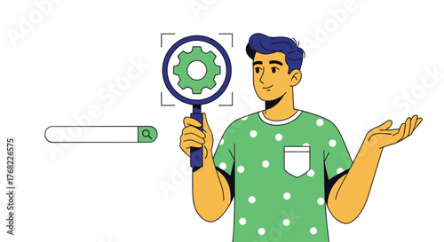 Enthusiastic Young Man Optimizing Search Engine Marketing for Business Growth, Using Magnifying Glass on Website Settings in Digital Technology Landscape, Presentation Ready, Marketing, Modern Design,