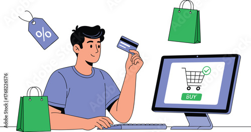 Young Man Shopping Online Using Credit Card on Computer at Home, Ecommerce Transaction and Digital Payment Process, Modern Lifestyle and Consumerism, Business and Finance, Website Marketing Presentati
