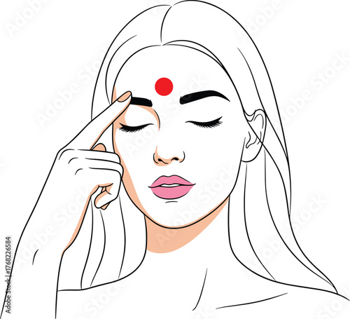 Woman Applying Bindi Forehead Dot for Spiritual Practice, Meditation, and Inner Peace in Traditional Hindu Culture, a Modern Wellness Ritual for Relaxation and Mindfulness, Ideal for Healthcare, Lifes
