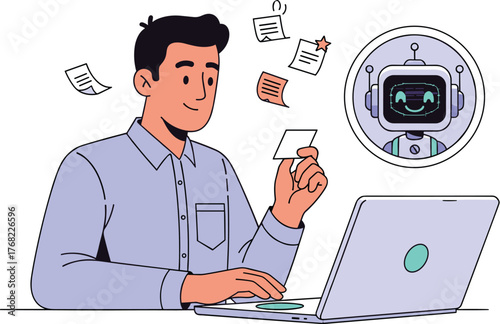 Engaged Professional Interacting with AI Assistant on Laptop for Enhanced Productivity in Modern Business Environment: Illustration Depicting Innovation, Efficiency, and Tech Integration for Presentat