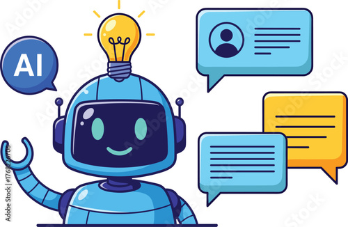 Futuristic AI Chatbot Generating Innovative Ideas with Lightbulb, Providing Customer Support, a Blue Robot Concept for Modern Technology Solutions and Assistance in Chat Messages, Modern Design for Bu