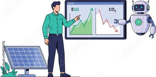 Professional Explaining ESG & Carbon Reduction Data with Robot Assistant and Solar Panel: Sustainable Business Presentation for Green Initiatives & Technology Innovation, Environmental Compliance, and