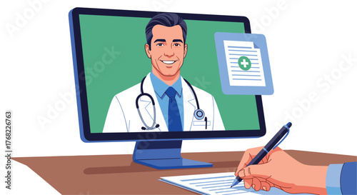 Virtual Doctor Consultation via Computer: A Telemedicine Appointment with a Smiling Physician During a Remote Healthcare Checkup at Home, Engaging in Online Telehealth Communication, Perfect for Moder