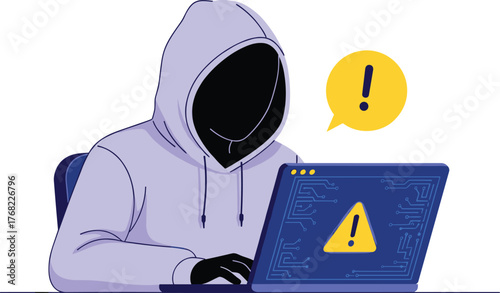 Anonymous Hacker Exploiting Vulnerability Online, Cyberattack Threat on Laptop, Dark Web Activity in Virtual Environment, Security Breach Illustration for IT Presentation, Modern Vector Style, Fraud