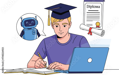 Diligent Student Studying Online with AI Tutor and Earning Diploma, Engaged in E-Learning at Home with Laptop and Open Book, Embracing Technology for Education, Cartoon Style Illustration for Presenta
