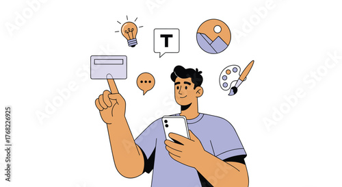 Young Professional Using Smartphone for Creative Digital Design & Communication - Modern Man Interacting with App Interface, Exploring Ideas, Planning Content, & Managing Workflow in a Contemporary Te