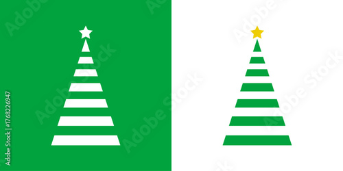 Logo con árbol de navidad con forma de triángulo con líneas horizontales y estrella para tarjetas y felicitaciones de Navidad