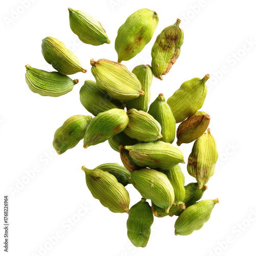 Falling Green Cardamom Pods Isolated on transparent background Remove png, Clipping Path, pen tool