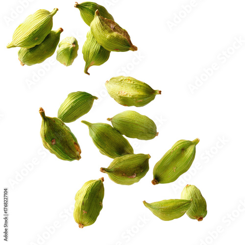 Falling Green Cardamom Pods Isolated on transparent background Remove png, Clipping Path, pen tool