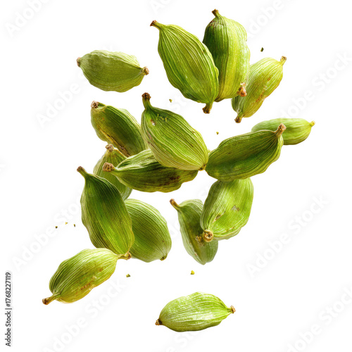 Falling Green Cardamom Pods Isolated on transparent background Remove png, Clipping Path, pen tool