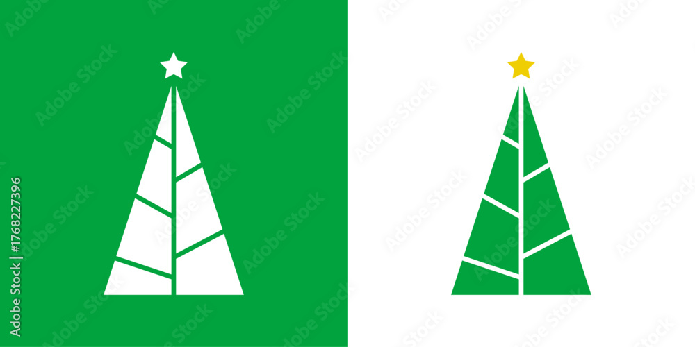 Logo con árbol de navidad con forma de triángulo con líneas como ramas y estrella para tarjetas y felicitaciones de Navidad