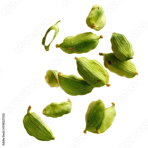 Falling Green Cardamom Pods Isolated on transparent background Remove png, Clipping Path, pen tool