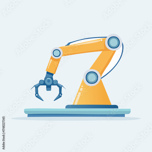 Yellow industrial robotic arm with a mechanical claw.