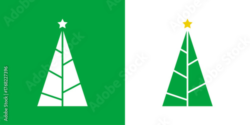 Logo con árbol de navidad con forma de triángulo con líneas como ramas y estrella para tarjetas y felicitaciones de Navidad