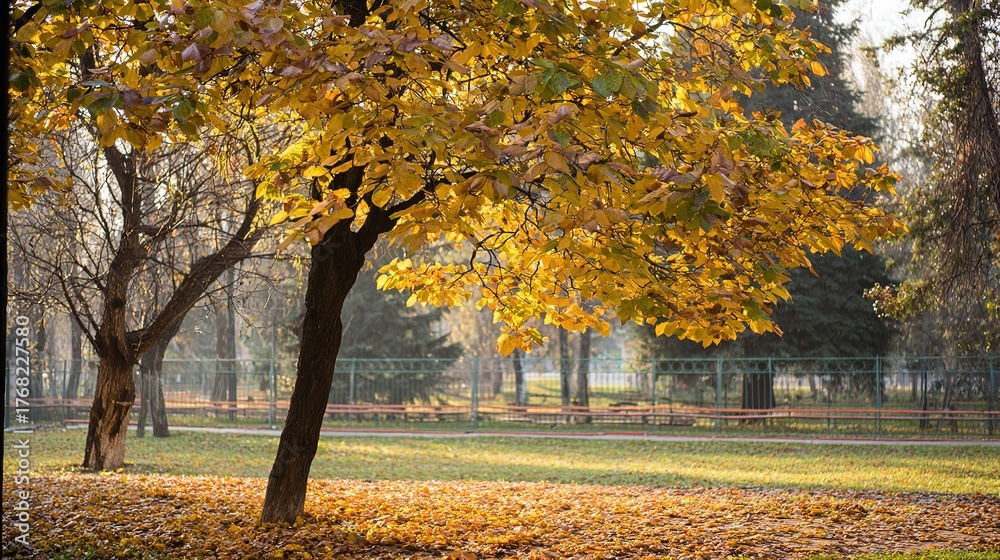 Naklejka premium breeze. Vibrant autumn park scene with colorful foliage and falling leaves, illuminated by warm golden sunlight. representing seasonal cycles and harvest abundance.