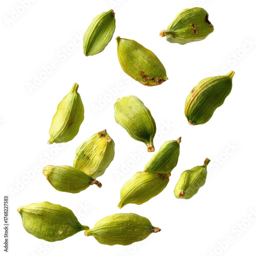 Falling Green Cardamom Pods Isolated on transparent background Remove png, Clipping Path, pen tool