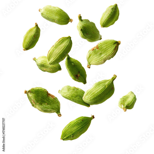 Falling Green Cardamom Pods Isolated on transparent background Remove png, Clipping Path, pen tool