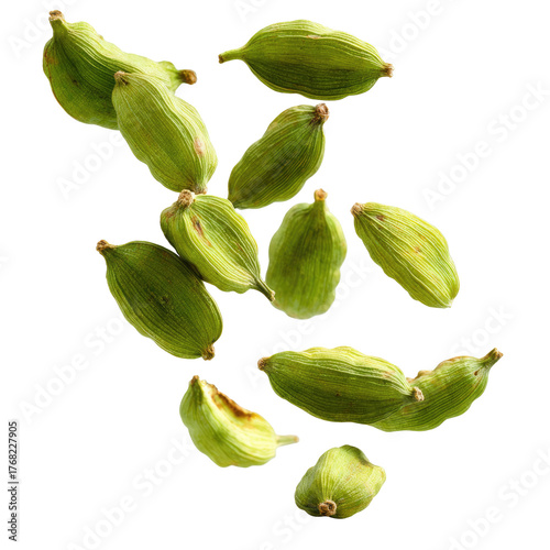 Falling Green Cardamom Pods Isolated on transparent background Remove png, Clipping Path, pen tool