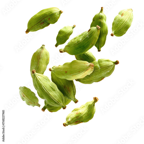 Falling Green Cardamom Pods Isolated on transparent background Remove png, Clipping Path, pen tool