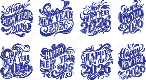 Vintage vector set of sale labels and stickers with text, icon decoration and symbols for Happy new year 2026 banner and poster design or card illustration