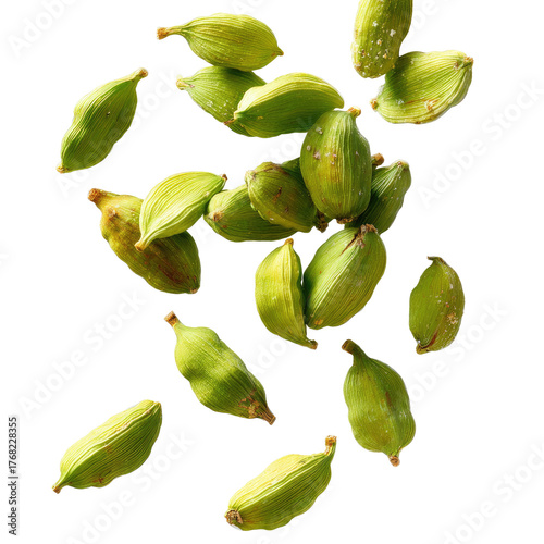 Falling Green Cardamom Pods Isolated on transparent background Remove png, Clipping Path, pen tool
