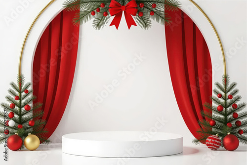Christmas podium with red curtain, pine branches, baubles, festive arch, and holiday decoration