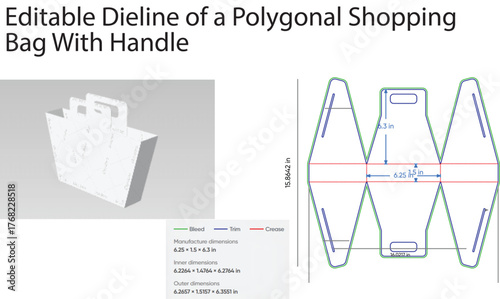 Polygonal shopping bag template with dimensions die line