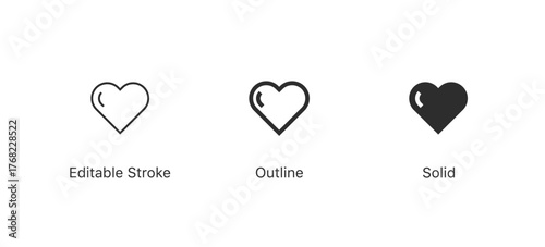 Like icon button. love icon symbol. Heart icon set. add to favorite icon in editable stroke, outline, and solid styles. perfect for love, like, favorites, likes, engagement, and social media icons