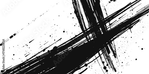Abstract black ink brush stroke with splatters