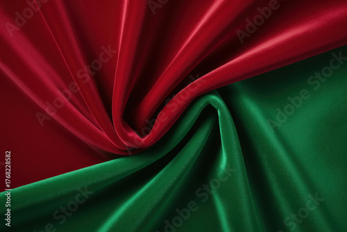 Red and green satin fabric with smooth folds, elegant texture, and luxurious appearance