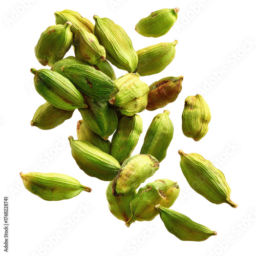Falling Green Cardamom Pods Isolated on transparent background Remove png, Clipping Path, pen tool