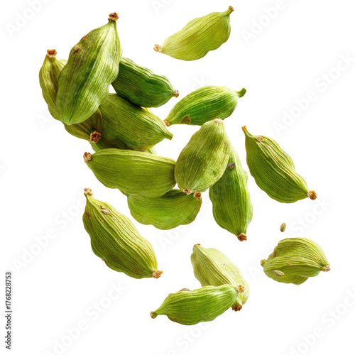 Falling Green Cardamom Pods Isolated on transparent background Remove png, Clipping Path, pen tool