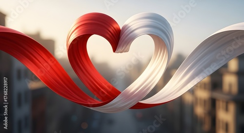 Dynamic red and white ribbons elegantly intertwine to form a symbolic heart of unity and national spirit