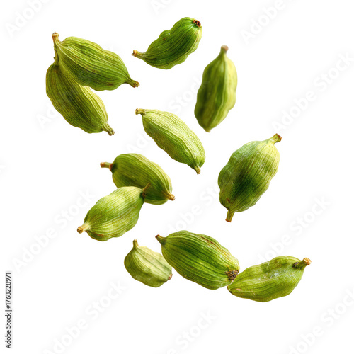 Falling Green Cardamom Pods Isolated on transparent background Remove png, Clipping Path, pen tool