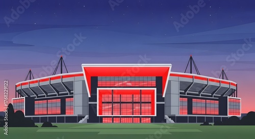 Dynamic illustration of a modern football stadium at dusk, brightly lit and ready for grand sporting events