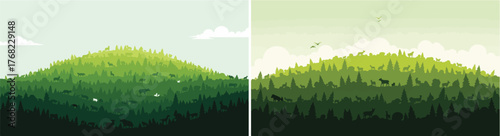 Layered Green Forest Landscape with Wildlife Silhouettes and Hills