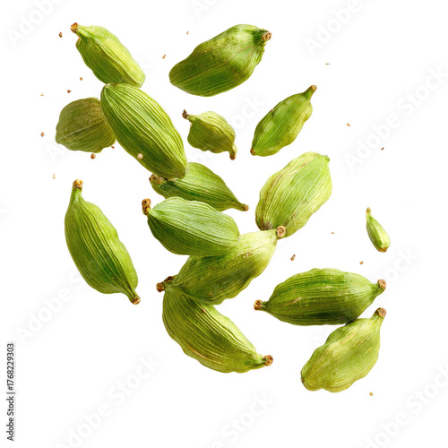 Falling Green Cardamom Pods Isolated on transparent background Remove png, Clipping Path, pen tool
