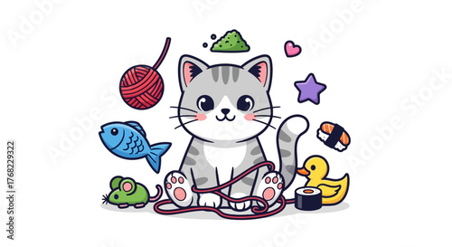 Adorable cartoon cat surrounded by its favorite toys and sushi, creating a whimsical and playful