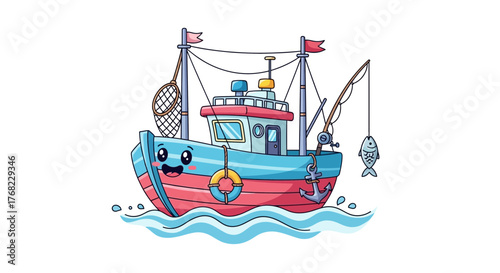 Adorable cartoon fishing boat sails with joy on the undulating ocean waves artwork
